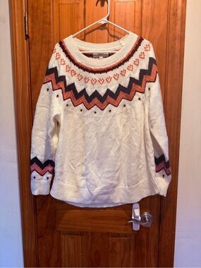 LOFT Cream Fair Isle Crewneck Sweater with Pink and Black Pattern